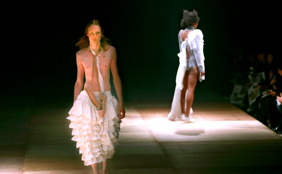 Meiko Ban's collection was characterised by the dominance of white as a colour, as well as frills. Image via AP Meiko Ban's collection was characterised by the dominance of white as a colour, as well as frills. Image via AP