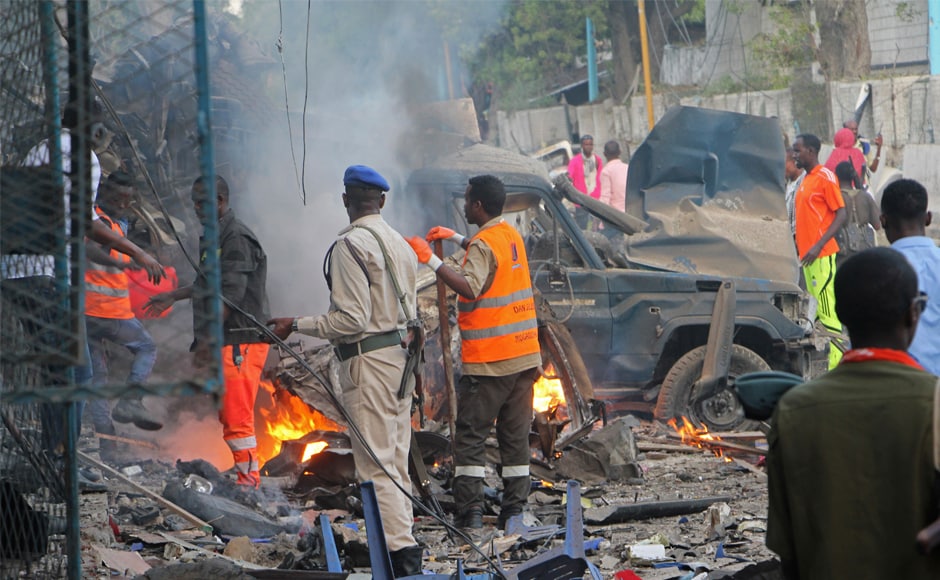 A suicide truck bomb exploded outside a popular hotel in Somalia's capital Mogadishu on Saturday, killing at least 23 people and wounding more than 30. AP A suicide truck bomb exploded outside a popular hotel in Somalia's capital Mogadishu on Saturday, killing at least 23 people and wounding more than 30. AP