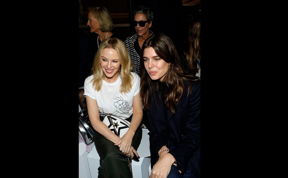 Kylie Minogue poses with Princess Charlotte Casiraghi at the Stella McCartney's Spring-Summer 2018 ready to wear fashion collection. Image from AP Photo/Kamil Zihnioglu Salma Hayek, Kylie Minogue attend Stella McCartney's Spring/Summer 2018 collection launch in Paris