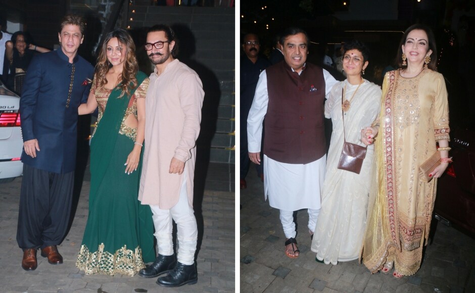 Aamir with Gauri and Shah Rukh Khan; Kiran with Nita and Mukesh Ambani. Photo: Sachin Gokhale/Firstpost Shah Rukh Khan, Sanjay Dutt and Ambanis make a grand entry at Aamir Khan's Diwali bash
