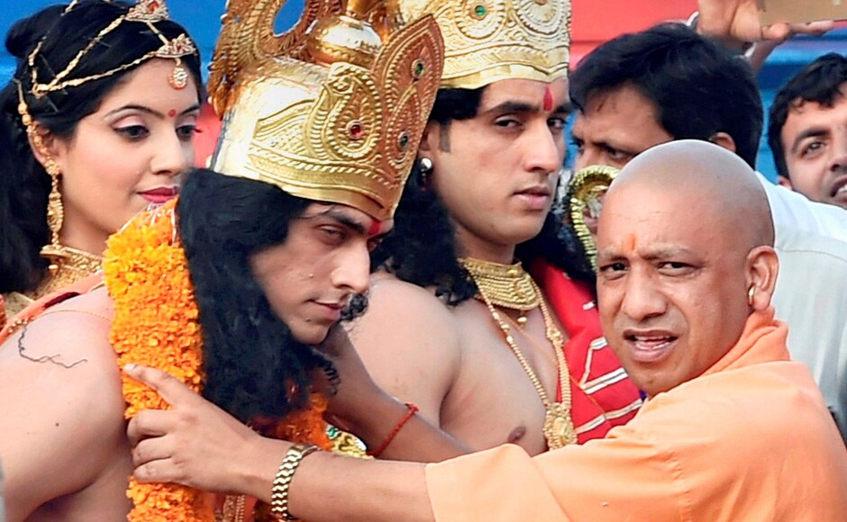 Adityanath welcomes artists dressed up as Lord Rama, Sita and Lakshman in Ayodhya. Referring to opposition parties, he said they had no right to raise questions on his beliefs on Ayodhya. PTI Adityanath welcomes artists dressed up as Lord Rama, Sita and Lakshman in Ayodhya. Referring to opposition parties, he said they had no right to raise questions on his beliefs on Ayodhya. PTI