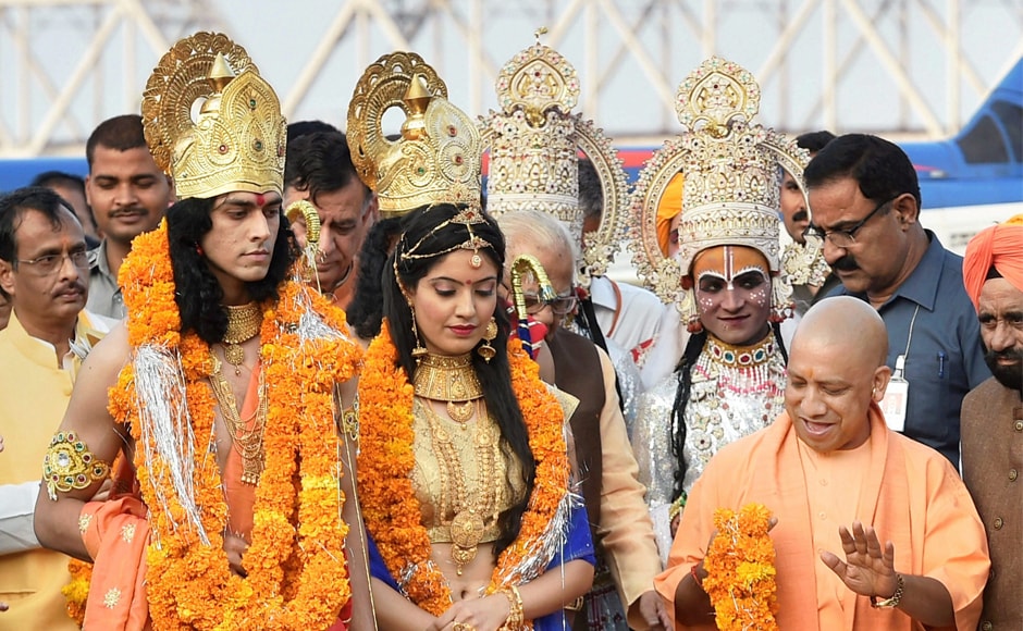 Yogi Adityanath with artists dressed as characters from the Ramayana. The chief minister also said he was trying to bring Ayodhya on the world tourist map by ensuring all-round development. PTI Yogi Adityanath with artists dressed as characters from the Ramayana. The chief minister also said he was trying to bring Ayodhya on the world tourist map by ensuring all-round development. PTI