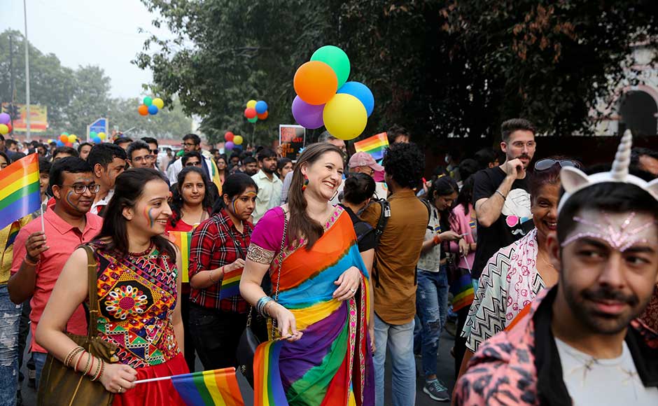 As people chanted and marched to the beat of drums during New Delhi's 10th annual Queer Pride march, many said they were frustrated with the law but also hoped it would soon change. A participant wears a saree with colours of the rainbow. AP As people chanted and marched to the beat of drums during New Delhi's 10th annual Queer Pride march, many said they were frustrated with the law but also hoped it would soon change. A participant wears a saree with colours of the rainbow. AP