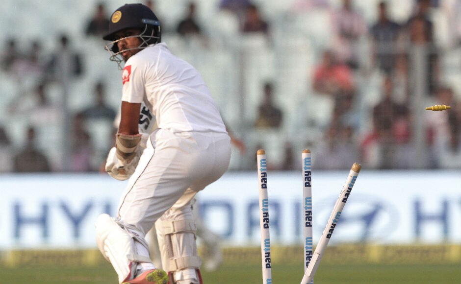 The chase began on a disastrous note for the Lankans. Bhuvneshwar Kumar and Mohammed Shami wrecked havoc with terrific display of pace bowling. Here, Dinesh Chandimal was clean bowled by Shami and Sri Lanka were struggling with five wickets down and only 69 were scored. AP The chase began on a disastrous note for the Lankans. Bhuvneshwar Kumar and Mohammed Shami wrecked havoc with terrific display of pace bowling. Here, Dinesh Chandimal was clean bowled by Shami and Sri Lanka were struggling with five wickets down and only 69 were scored. AP