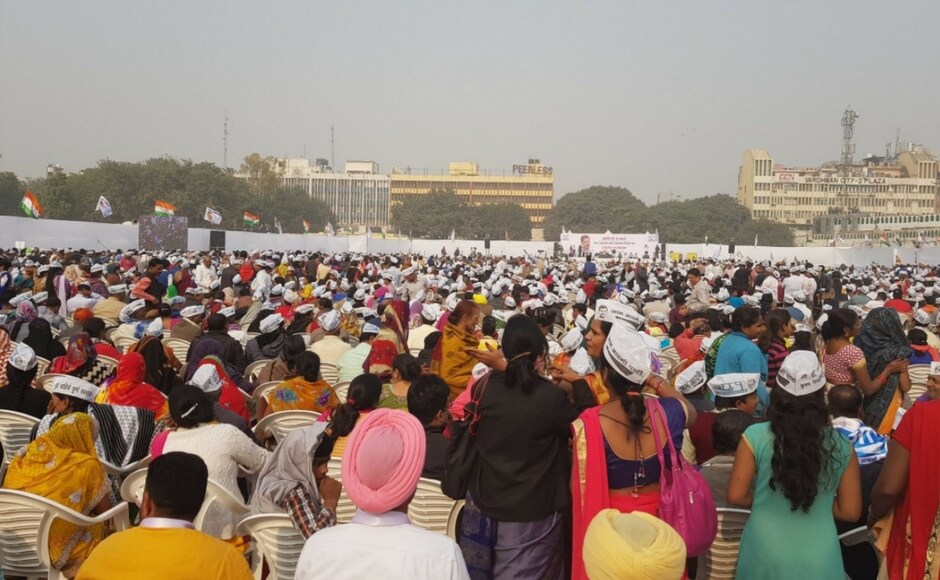 Despite Kejriwal's mellowed down persona over the past few months, the Ramlila Maidan drew large numbers in support of AAP that was started five years back as an anti-corruption movement. Image Courtesy: Twitter @AamAadmiParty Despite Kejriwal's mellowed down persona over the past few months, the Ramlila Maidan drew large numbers in support of AAP that was started five years back as an anti-corruption movement. Image Courtesy: Twitter @AamAadmiParty