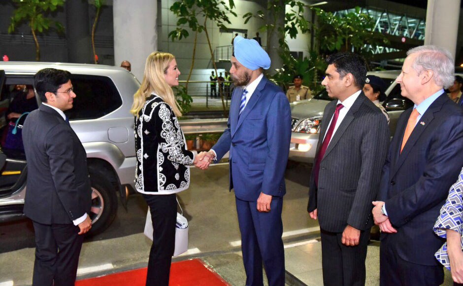 US ambassador to India Kenneth Juster, India's ambassador to the US Navteej Sarna, and senior officials of the central and Telangana governments welcomed Ivanka at the Rajiv Gandhi International Airport at Shamshabad around 3 am. PTI US ambassador to India Kenneth Juster, India's ambassador to the US Navteej Sarna, and senior officials of the central and Telangana governments welcomed Ivanka at the Rajiv Gandhi International Airport at Shamshabad around 3 am. PTI