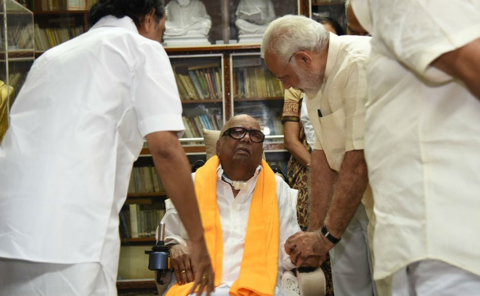 The prime minister was briefed about Karunanidhi's health by his doctor. This is the first time Modi has met the 93-year-old veteran at his residence. Image courtesy: Twitter/@narendramodi Narendra Modi meets ailing Karunanidhi in Chennai; PM also attends 75th anniversary of Tamil daily Dina Thanthi