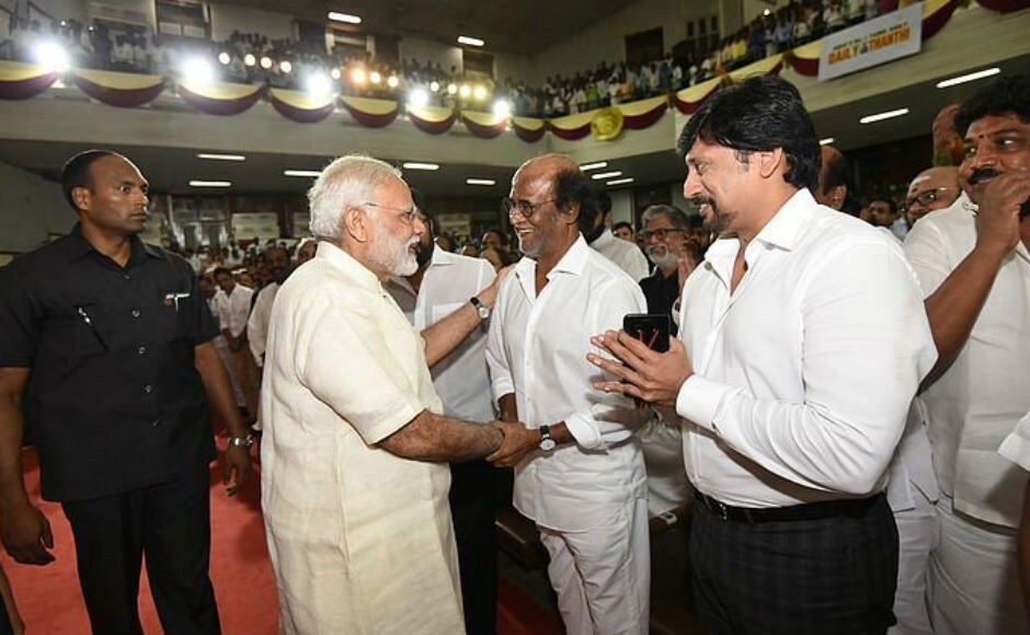 He told the gathering at Anna University Hall, where superstar Rajinikanth was also present, that a lot of the media discourse today revolves around politics. But, he said, India is more than just politicians; it's also 125 crore Indians that make India what it is. Image courtesy: Twitter/@PIB_India Narendra Modi meets ailing Karunanidhi in Chennai; PM also attends 75th anniversary of Tamil daily Dina Thanthi