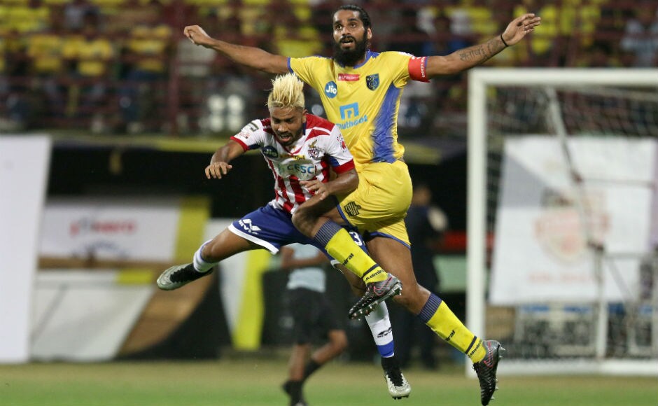 Sandesh Jhingan of Kerala Blasters FC in action during Blasters vs ATK clash in Kochi. ISL Sandesh Jhingan of Kerala Blasters FC in action during Blasters vs ATK clash in Kochi. ISL