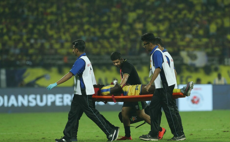 Courage Pekuson of Kerala Blasters is stretchered off after picking up an injury mid-game. ISL Courage Pekuson of Kerala Blasters is stretchered off after picking up an injury mid-game. ISL