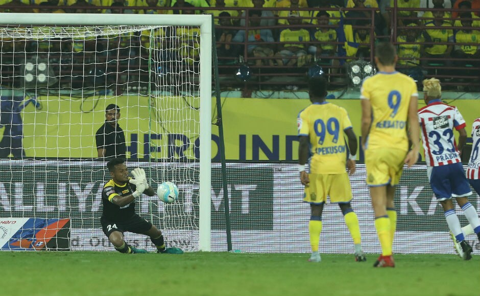 Debjit Majumder of ATK with yet another excellent save to deny Kerala Blasters's opening goal. ISL Debjit Majumder of ATK with yet another excellent save to deny Kerala Blasters's opening goal. ISL