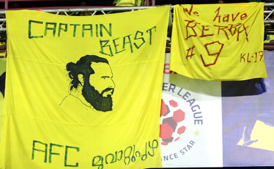 Kerala Blasters fans display one of the famous banners for Sandhesh Jhingan and new signing Dimitar Berbatov. ISL Kerala Blasters fans display one of the famous banners for Sandhesh Jhingan and new signing Dimitar Berbatov. ISL