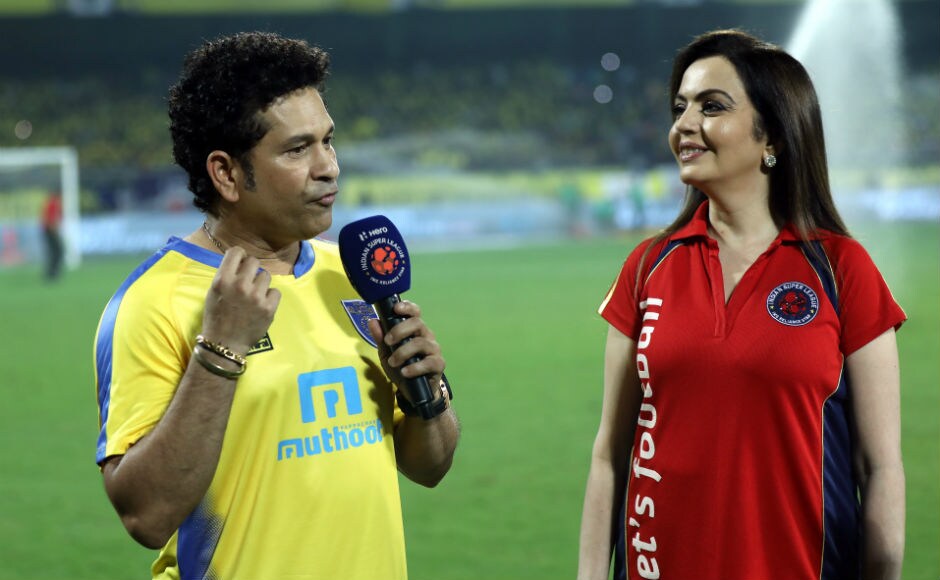 Sachin Tendulkar and Nita Ambani in a conversation during the opening ceremony of the fourth season of the Indian Super League. ISL Sachin Tendulkar and Nita Ambani in a conversation during the opening ceremony of the fourth season of the Indian Super League. ISL