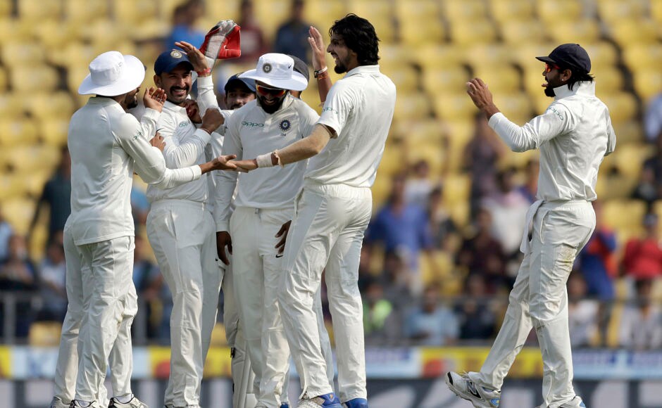 India's Ishant Sharma, second right, celebrates with teammates the dismissal of Sri Lanka's Sadeera Samarawickrama during the first day of their second test cricket match in Nagpur. AP India's Ishant Sharma, second right, celebrates with teammates the dismissal of Sri Lanka's Sadeera Samarawickrama during the first day of their second test cricket match in Nagpur. AP