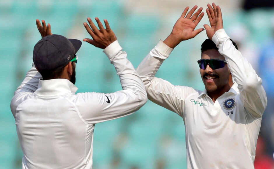 India's Ravindra Jadeja, right, celebrates with captain Virat Kohli the dismissal of Sri Lanka's Niroshan Dickwella during the first day of their second test cricket match in Nagpur. AP India's Ravindra Jadeja, right, celebrates with captain Virat Kohli the dismissal of Sri Lanka's Niroshan Dickwella during the first day of their second test cricket match in Nagpur. AP