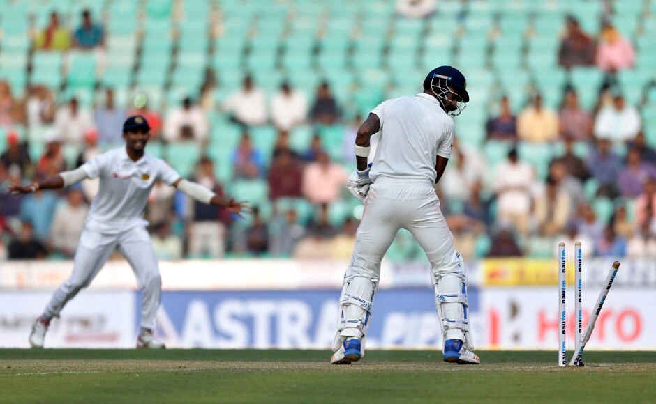 India's Lokesh Rahul, right, is bowled out by Sri Lanka's Lahiru Gamage during the first day of their second test cricket match in Nagpur. AP India's Lokesh Rahul, right, is bowled out by Sri Lanka's Lahiru Gamage during the first day of their second test cricket match in Nagpur. AP