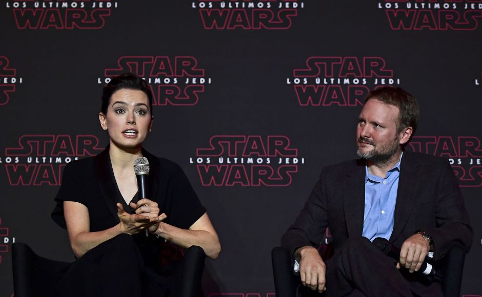 Daisy Ridley (who plays Rey in Star Wars: The Last Jedi) speaks during the press conference to promote the film as Rian Johnson looks on. AFP Daisy Ridley (who plays Rey in Star Wars: The Last Jedi) speaks during the press conference to promote the film as Rian Johnson looks on. AFP