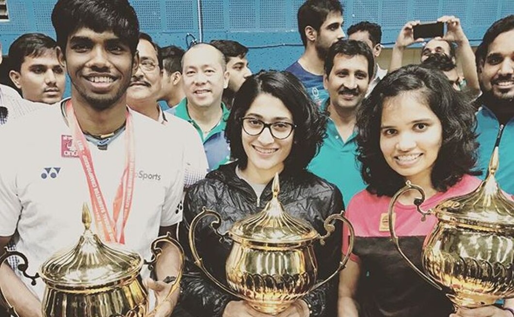 Ashwini Ponnappa (centre) ended the 82nd Senior Nationals with two titles — the mixed doubles title with Satwiksairaj Rankireddy and then the women's doubles championship with N Sikki Reddy. Image courtesy: Instagram/@p9ashwini Ashwini Ponnappa (centre) ended the 82nd Senior Nationals with two titles — the mixed doubles title with Satwiksairaj Rankireddy and then the women's doubles championship with N Sikki Reddy. Image courtesy: Instagram/@p9ashwini