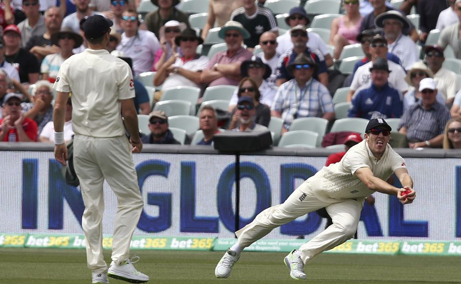 Chris Woakes too continued his good rhythm from Day 3. Here Craig Overton, catches out Australia's Tim Paine for 11 runs of his bowling. AP Chris Woakes too continued his good rhythm from Day 3. Here Craig Overton, catches out Australia's Tim Paine for 11 runs of his bowling. AP