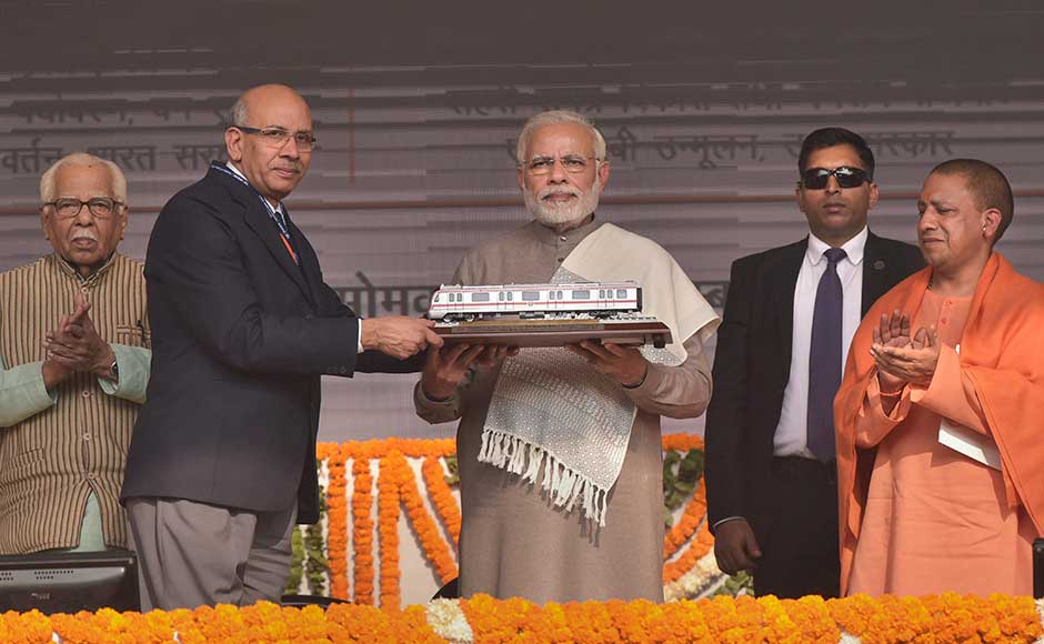 A stretch of Delhi Metro's Magenta Line was inaugurated by Prime Minister Narendra Modi on Monday, cutting down the travel time between Noida and parts of south Delhi by more than 30 minutes. Modi being presented a memento by Delhi Metro Chairman Manghu Singh. PTI Narendra Modi flags off services on Delhi Metro's Magenta Line, advocates use of public transport