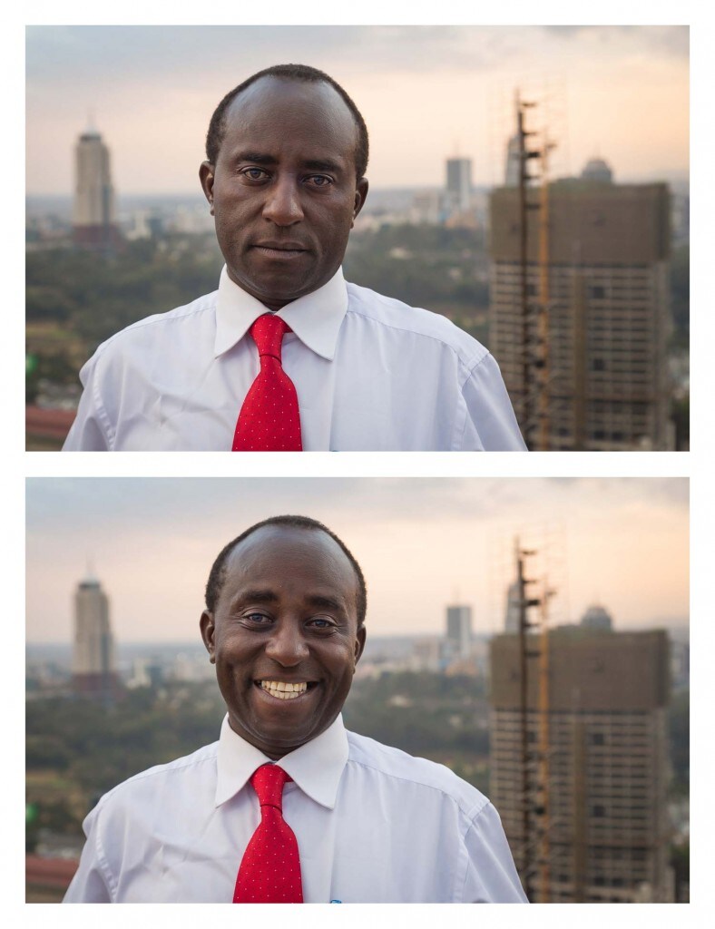 He was with a group of dancers taking a break from recording a church choir music video on the helipad of the Kenyatta International Convention Centre, while the sun set over Nairobi, Kenya... so I asked him to smile. Photo credit © Jay Weinstein Jay Weinstein captures contrasting facial expressions in his photography series So I Asked Them To Smile