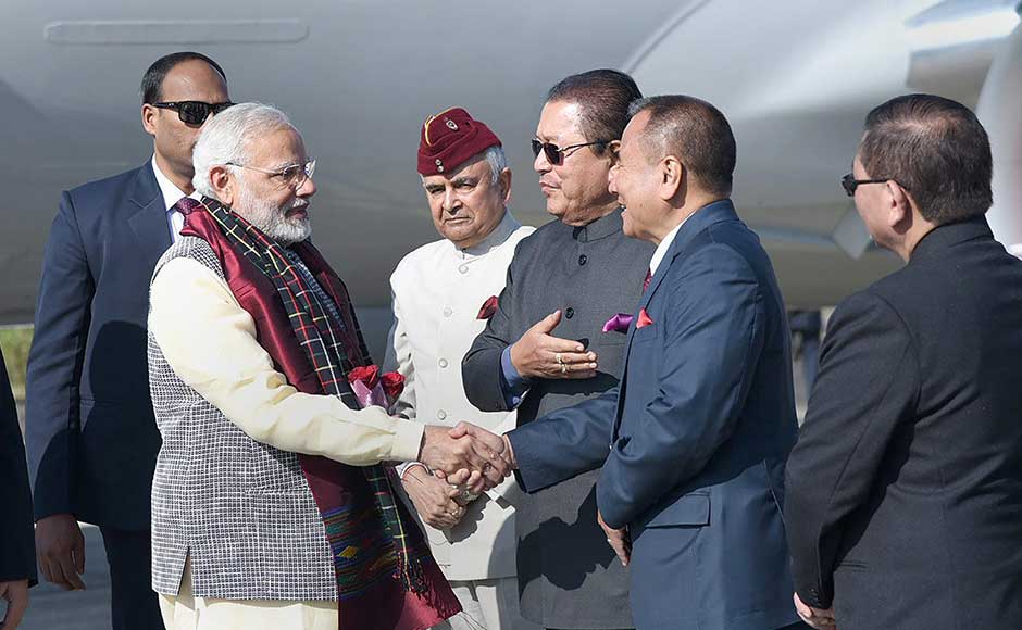 The prime minister was in the two states during his day-long visit to the North East on Saturday. Modi being greeted by the Governor of Mizoram, Nirbhay Sharma and Chief Minister of Mizoram Pu Lalthanhawla on his arrival at Aizawl. PTI Narendra Modi visits Mizoram, Meghalaya; inaugurates crucial road and power projects