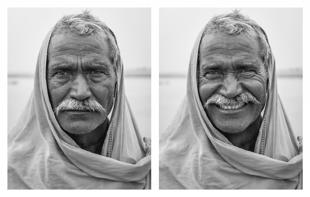 He had just finished getting dressed after his bath in the Yamuna River, with his friends, in Vrindavan, Uttar Pradesh, India... so I asked him to smile. Photo credit © Jay Weinstein Jay Weinstein captures contrasting facial expressions in his photography series So I Asked Them To Smile
