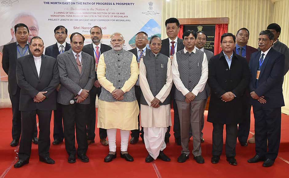 In Meghalaya, Modi announced Rs 90,000 crore for improving roads and national highways in the North East over the next two-three years to improve connectivity. Modi with other leaders during the inauguration of the Shillong-Nongstoin-Rongjeng-Tura Road in Aizawl. PTI Narendra Modi visits Mizoram, Meghalaya; inaugurates crucial road and power projects