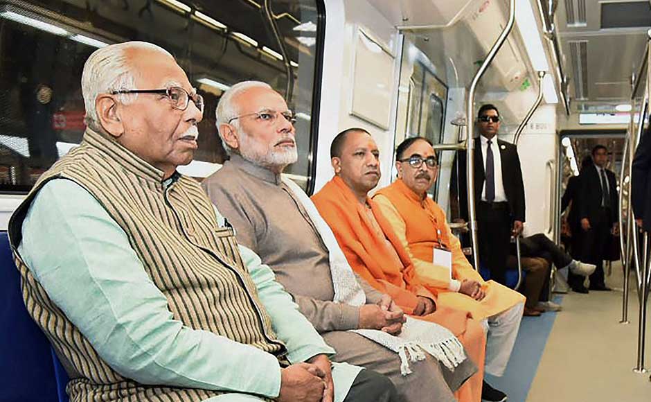 Modi was accompanied by Uttar Pradesh Governor Ram Naik, Uttar Pradesh Chief Minister Yogi Adityanath, Union Minister for Housing and Urban Affairs Hardeep Singh Puri and Delhi Metro Rail Corporation (DMRC) chief Mangu Singh during the metro ride. PTI Narendra Modi flags off services on Delhi Metro's Magenta Line, advocates use of public transport