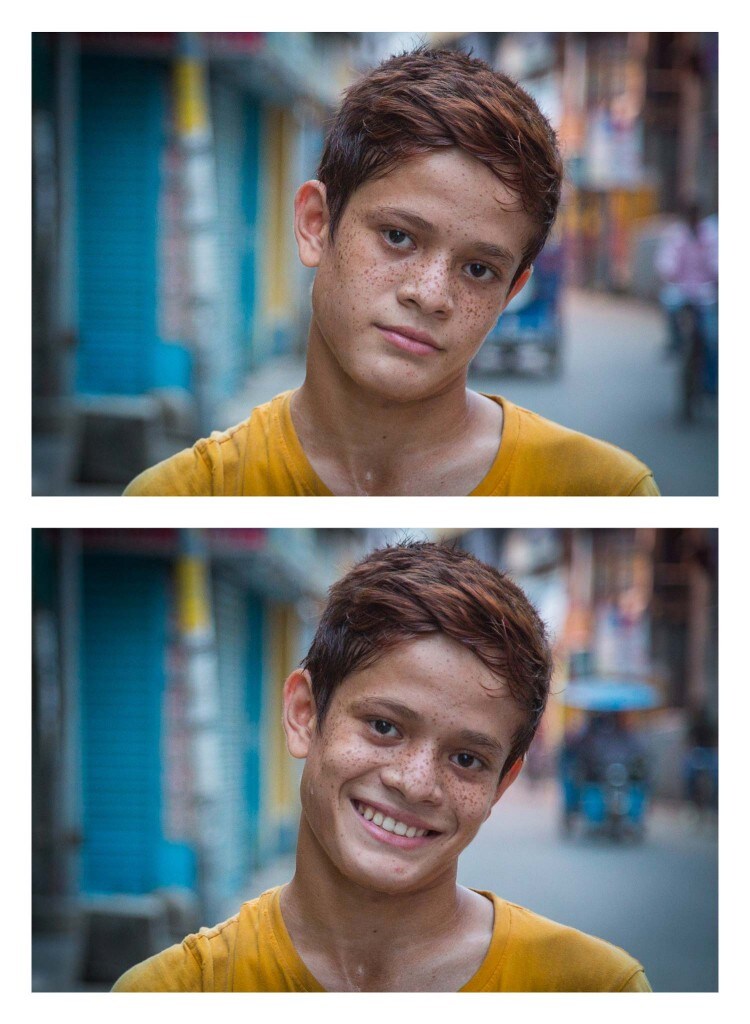 He was walking with a friend one overcast afternoon, the sky readying a downpour to tackle the rising humidity below, on the colorful market streets of Nabadwip, an ancient town in West Bengal, India... so I asked him to smile.<br />Photo credit © Jay Weinstein Jay Weinstein captures contrasting facial expressions in his photography series So I Asked Them To Smile