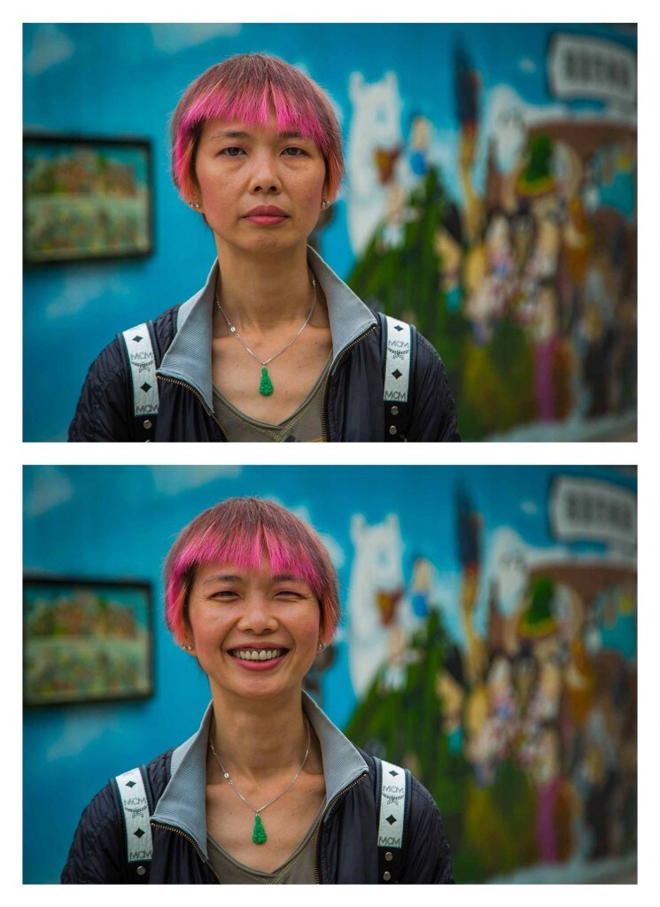 She was walking with a friend one overcast afternoon, in the intriguing and vibrant comic book-themed section of Kowloon Park, in Kowloon, Hong Kong...so I asked her to smile. Photo credit © Jay Weinstein Jay Weinstein captures contrasting facial expressions in his photography series So I Asked Them To Smile