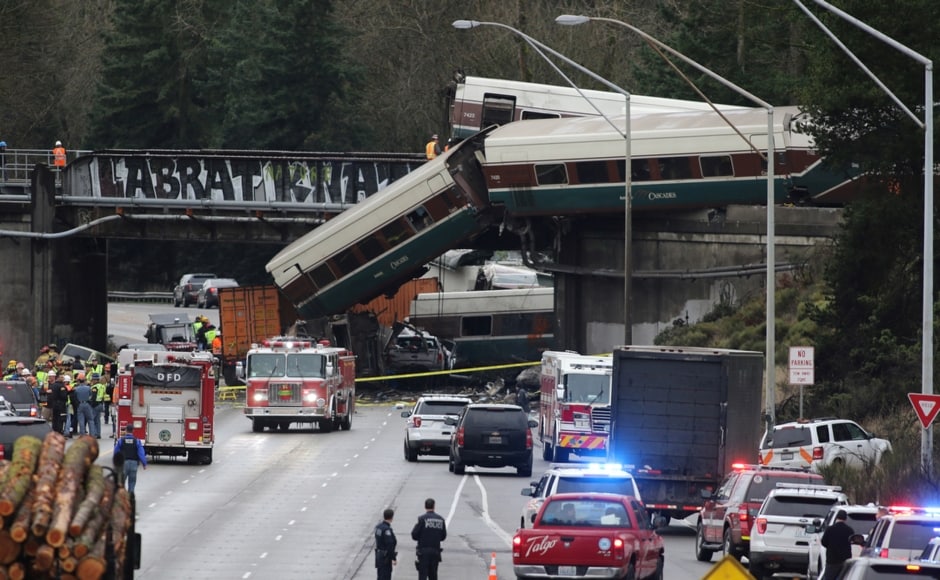 An Amtrak train making the first-ever run along a faster new route hurtled off an overpass south of Seattle and spilled some of its cars onto the highway below, killing at least six people, authorities said. Reuters An Amtrak train making the first-ever run along a faster new route hurtled off an overpass south of Seattle and spilled some of its cars onto the highway below, killing at least six people, authorities said. Reuters