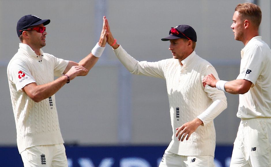 Cricket - Ashes test match - Australia v England - Adelaide Oval, Adelaide, Australia, December 3, 2017 - England's James Anderson celebrates with captain Joe Root after dismissing Australia's Mitchell Starc. Reuters Shaun Marsh's century puts Australia in charge after Day 2 of Ashes 2nd Test
