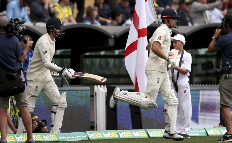 Englands batsmen England's Alastair Cook, right, and James Vince run out to start the third day of the Adelaide Test. AP England finally fire on Day 3 but Australia still in charge of Ashes 2nd Test