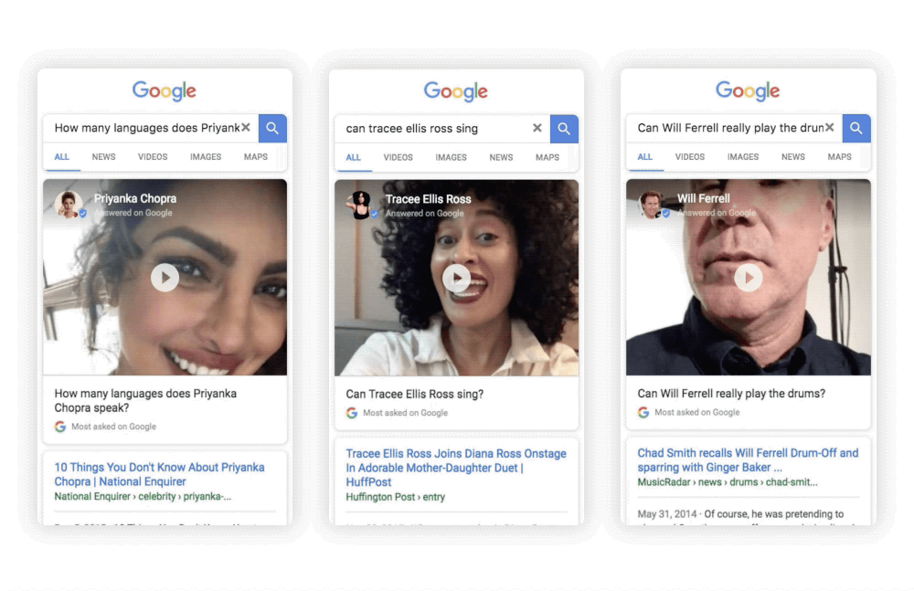 Google's latest feature lets celebs answer questions about them in a pre-recorded selfie-video. Image: Google