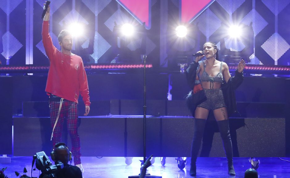 Andrew Taggart from The Chainsmokers and Halsey perform 'Closer' at Jingle Ball at The Forum. AP Andrew Taggart from The Chainsmokers and Halsey perform 'Closer' at Jingle Ball at The Forum. AP