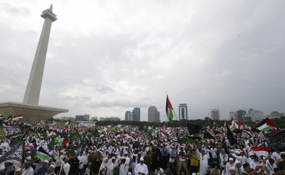 Indonesia's religious affairs minister and Jakarta's governor were among those at the protest site just a few metres from the US embassy. AP Indonesia's religious affairs minister and Jakarta's governor were among those at the protest site just a few metres from the US embassy. AP