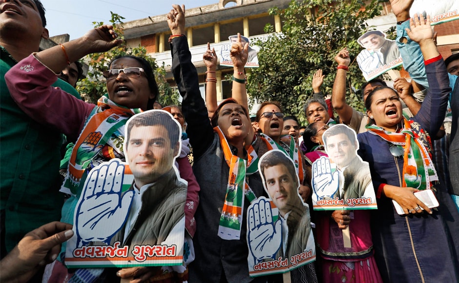 Congress party supporters hold a cut-out of newly appointed party chief Rahul Gandhi in Ahmedabad. Celebrations erupted after Rahul took over from mother Sonia Gandhi in New Delhi on Saturday. PTI Congress party supporters hold a cut-out of newly appointed party chief Rahul Gandhi in Ahmedabad. Celebrations erupted after Rahul took over from mother Sonia Gandhi in New Delhi on Saturday. PTI