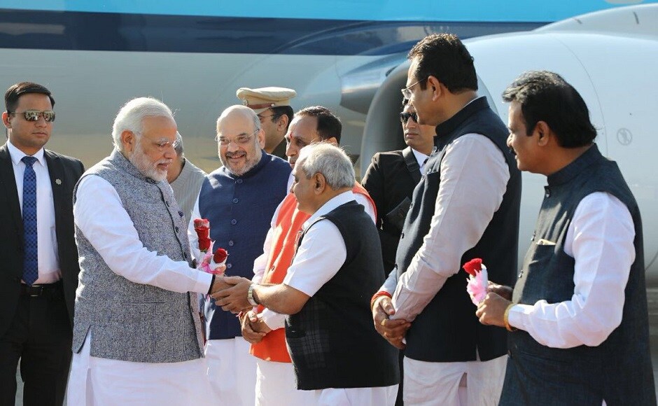 Along with Modi and Shah, the chief ministers of other BJP-ruled states will also be present at the oath-taking ceremony. BJP patriarch LK Advani and former Gujarat chief minister Anandiben Patel will also attend. Twitter @BJP4Gujarat Narendra Modi in Gujarat to attend Vijay Rupani's oath-taking ceremony, receives grand welcome