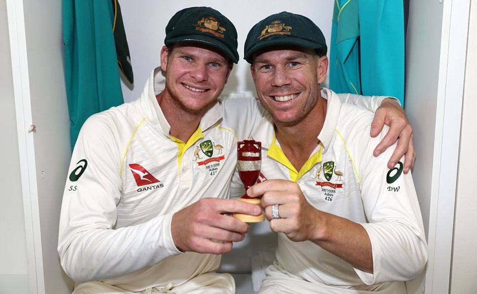 Australia's captain, Steve Smith and his deputy, David Warner pose with the Ashes urn in the dressing room after thrashing England in the third Test. Image courtesy: Twitter @ICC Josh Hazlewood shines on Day 5 as Australia overpower England by an innings and 41 runs to reclaim the Ashes in Perth
