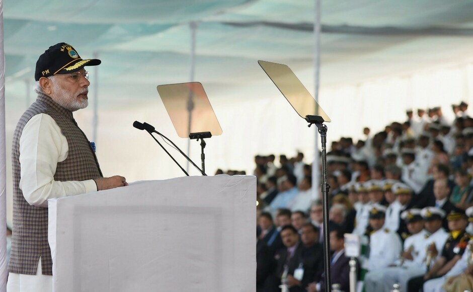 Modi boarded the submarine and unveiled its plaque, after meeting veterans of the first Kalvari who were present at the ceremony. PTI Narendra Modi commissions Scorpene-class submarine INS Kalvari in Mumbai