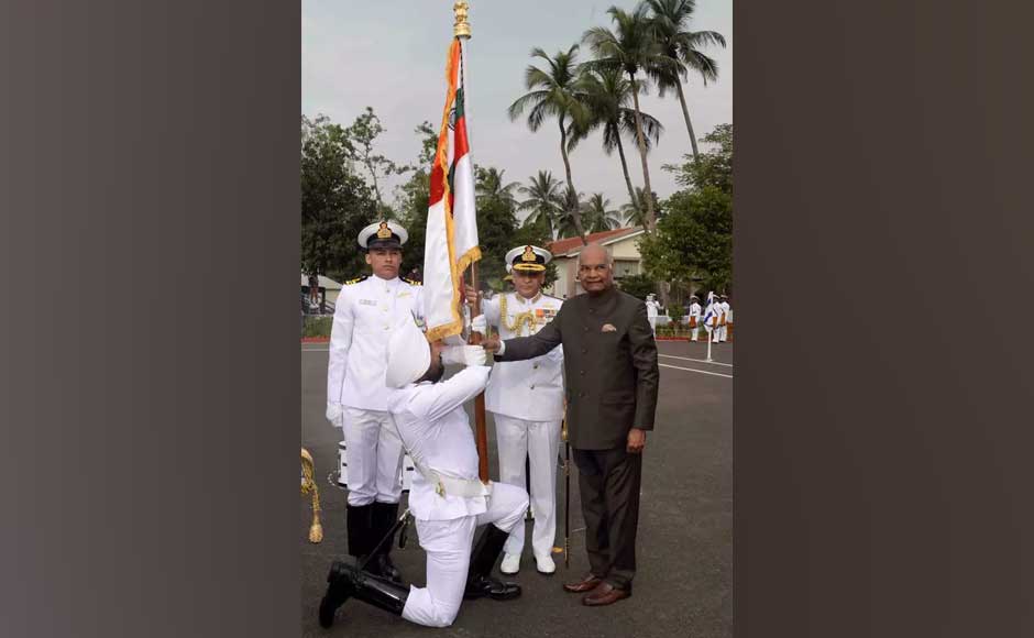 Kovind presented President's Colour to the submarine arm of the Indian Navy, which is celebrating its golden jubilee, in recognition of its extraordinary service to the nation in the past 50 years. PTI Kovind presented President's Colour to the submarine arm of the Indian Navy, which is celebrating its golden jubilee, in recognition of its extraordinary service to the nation in the past 50 years. PTI