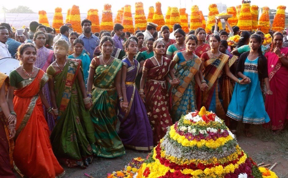 Celebrated with much fanfare for nine days starting from the mahalaya amavasya before Dussehra, Bathukamma (Bathuku meaning life, amma meaning mother) is a floral arrangement which is worshipped as a goddess. Photo courtesy Myasa Balu Celebrated with much fanfare for nine days starting from the mahalaya amavasya before Dussehra, Bathukamma (Bathuku meaning life, amma meaning mother) is a floral arrangement which is worshipped as a goddess. Photo courtesy Myasa Balu