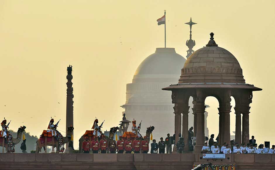 Amid soulful classical renditions and foot-tapping numbers, the Beating Retreat ceremony was held in New Delhi on Monday. BSF's camel-mounted soldiers guard at the Beating Retreat ceremony at Vijay Chowk in New Delhi. PTI Amid soulful classical renditions and foot-tapping numbers, the Beating Retreat ceremony was held in New Delhi on Monday. BSF's camel-mounted soldiers guard at the Beating Retreat ceremony at Vijay Chowk in New Delhi. PTI