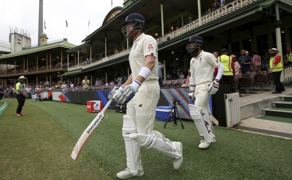 England's Jonny Bairstow, left, and Moeen Ali walked out to bat against Australia in the morning as overnight batsman Joe Root was hospitalised for severe dehydration. AP Pat Cummins stars as Australia trounce England by an innings and 123 runs to win Ashes 4-0