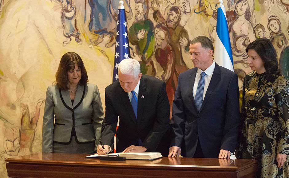 The devout Christian's speech to the Israeli parliament on Monday laden with biblical references was praised by Israelis as perhaps the best they could ever hope for from a US administration, but Palestinians saw it as confirming some of their worst fears. Pence signs the guest book in Israel's parliament in Jerusalem. AP The devout Christian's speech to the Israeli parliament on Monday laden with biblical references was praised by Israelis as perhaps the best they could ever hope for from a US administration, but Palestinians saw it as confirming some of their worst fears. Pence signs the guest book in Israel's parliament in Jerusalem. AP
