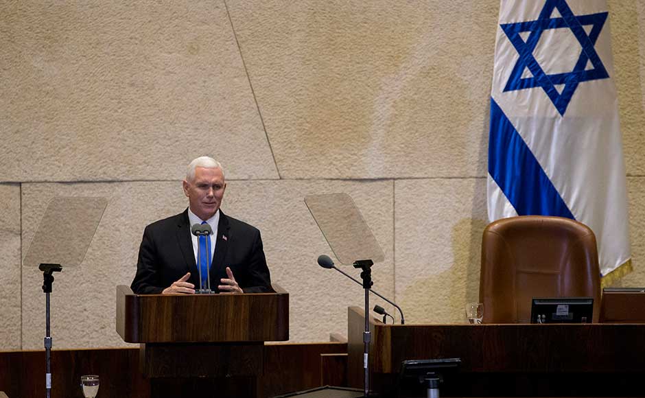 Pence proudly reaffirmed US president Donald Trump's 6 December declaration of Jerusalem as Israel's capital and pledged to move the embassy to the disputed city by the end of 2019. AP Pence proudly reaffirmed US president Donald Trump's 6 December declaration of Jerusalem as Israel's capital and pledged to move the embassy to the disputed city by the end of 2019. AP