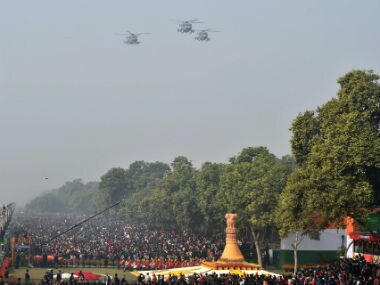 Three ALH Mk IV WSI helicopters fly-past during 69th Republic Day Parade at Rajpath in New Delhi on Friday. PTI