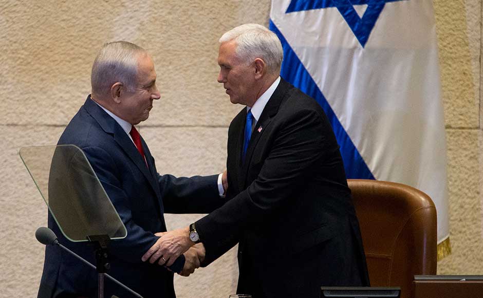 A top Palestinian official called Pence's parliament speech "messianic" and a "gift to extremists", reiterating the view that the Trump White House is incapable of being an even-handed mediator in peace talks. Israel's Prime Minister Benjamin Netanyahu shakes hands with Pence. AP A top Palestinian official called Pence's parliament speech "messianic" and a "gift to extremists", reiterating the view that the Trump White House is incapable of being an even-handed mediator in peace talks. Israel's Prime Minister Benjamin Netanyahu shakes hands with Pence. AP