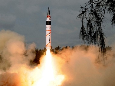 The indigenously developed Agni-5 missile taking off. Image courtesy: Twitter/@ppchaudharyMoS